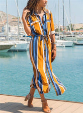 Office Ladies Stripe Shirt Dress Chiffon Casual Long Sleeve Dress